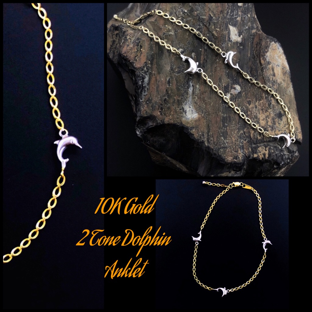Dolphin Station Anklet In 10k White & Yellow Gold